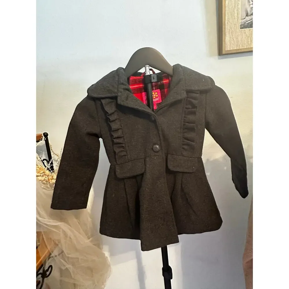 Pink Platinum Girls Charcoal Gray Ruffled Hooded Winter Coat Red Plaid Lining